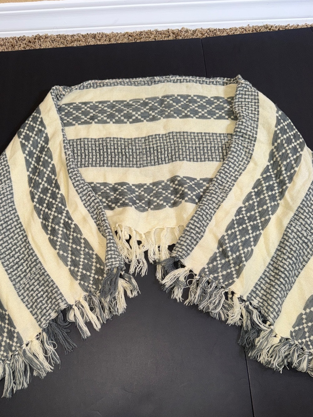 Free People Woven Fringe Shawl Scarf in Cream and Gray